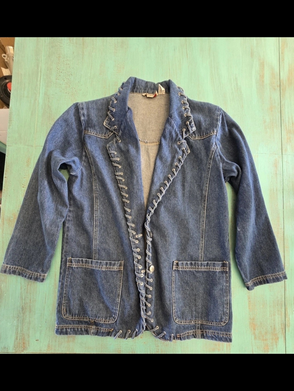 Rare Vintage Sheplers Western Denim Blazer Jacket Laced Trim L